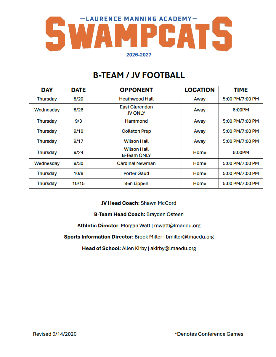 LMA 2026 B-Team/JV Football Schedule