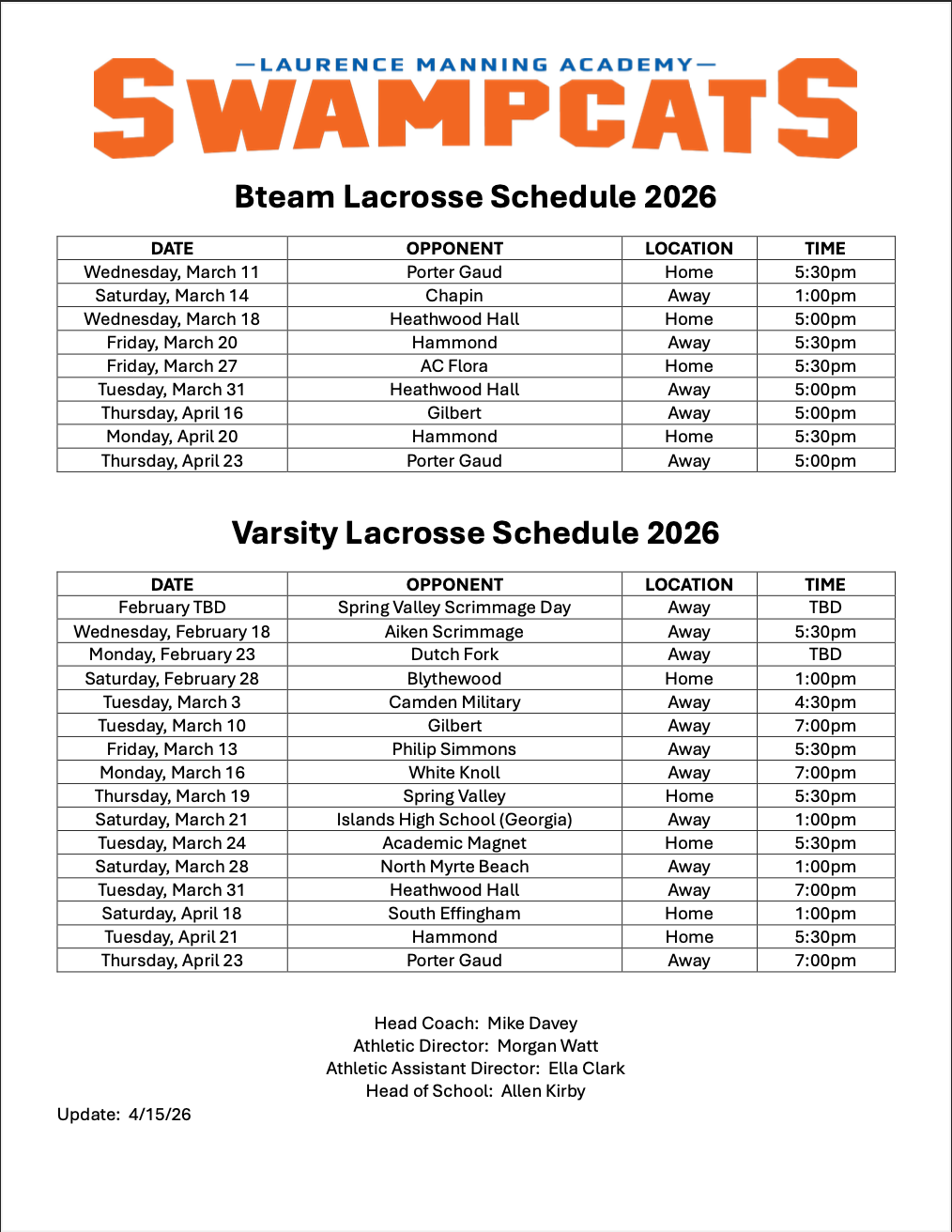 Laurence Manning Academy Swampcats 2026 Lacrosse Schedule with dates, opponents, locations, and times for varsity and Bteam teams, along with coach and staff information.