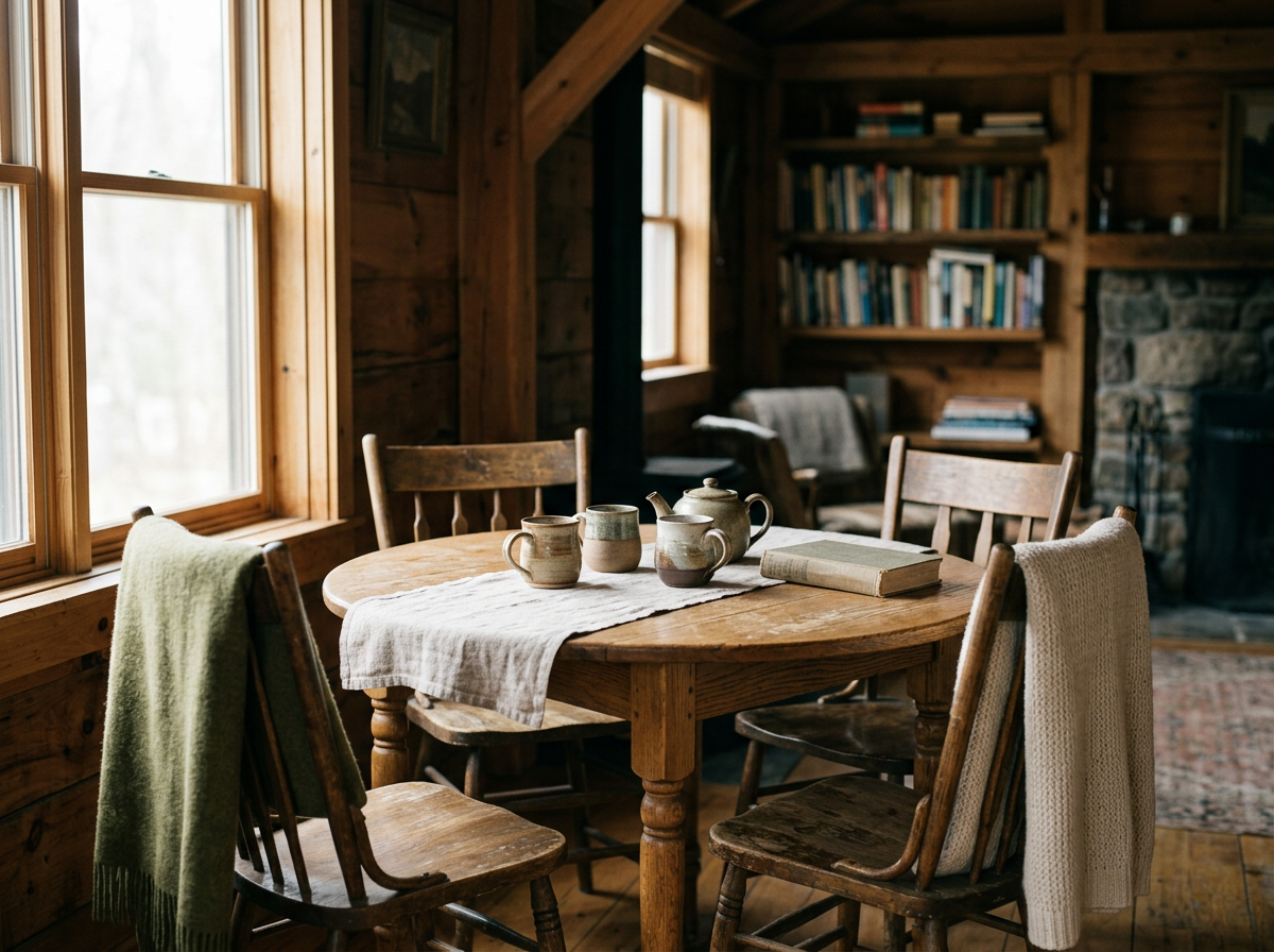 Ein rustikaler Holztisch mit Kaffeekannen und Tassen, umgeben von Holzstühlen, in einem gemütlichen, holzgetäfelten Raum mit Büchern und Fenstern, die Tageslicht hereinlassen.