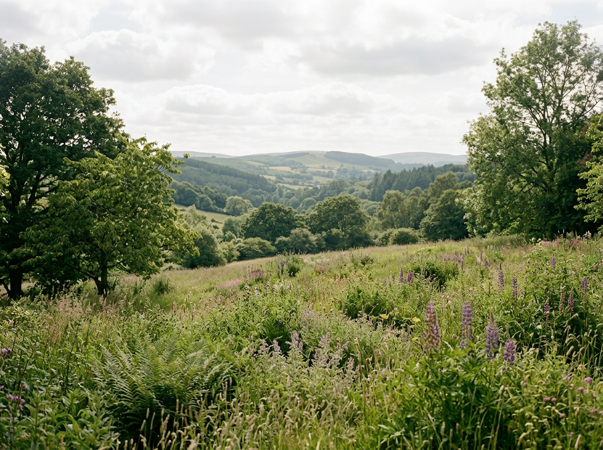 Landschaft mit grünen Bäumen, Wiesen und Bergen im Hintergrund, bewölkter Himmel.