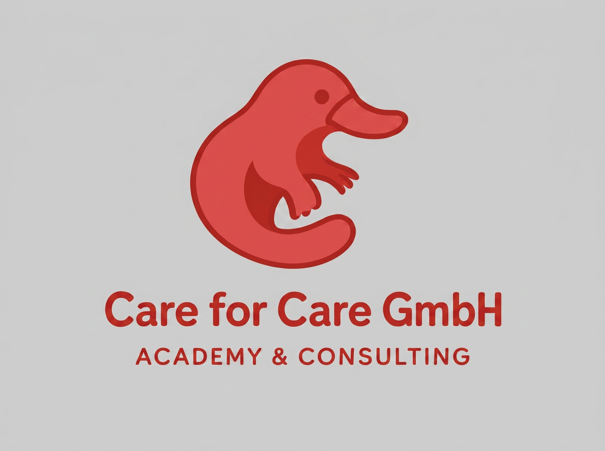 Logo mit einer roten, Schnabeltier  und den Texten "Care for Care GmbH" und "Academy & Consulting" auf grauem Hintergrund.