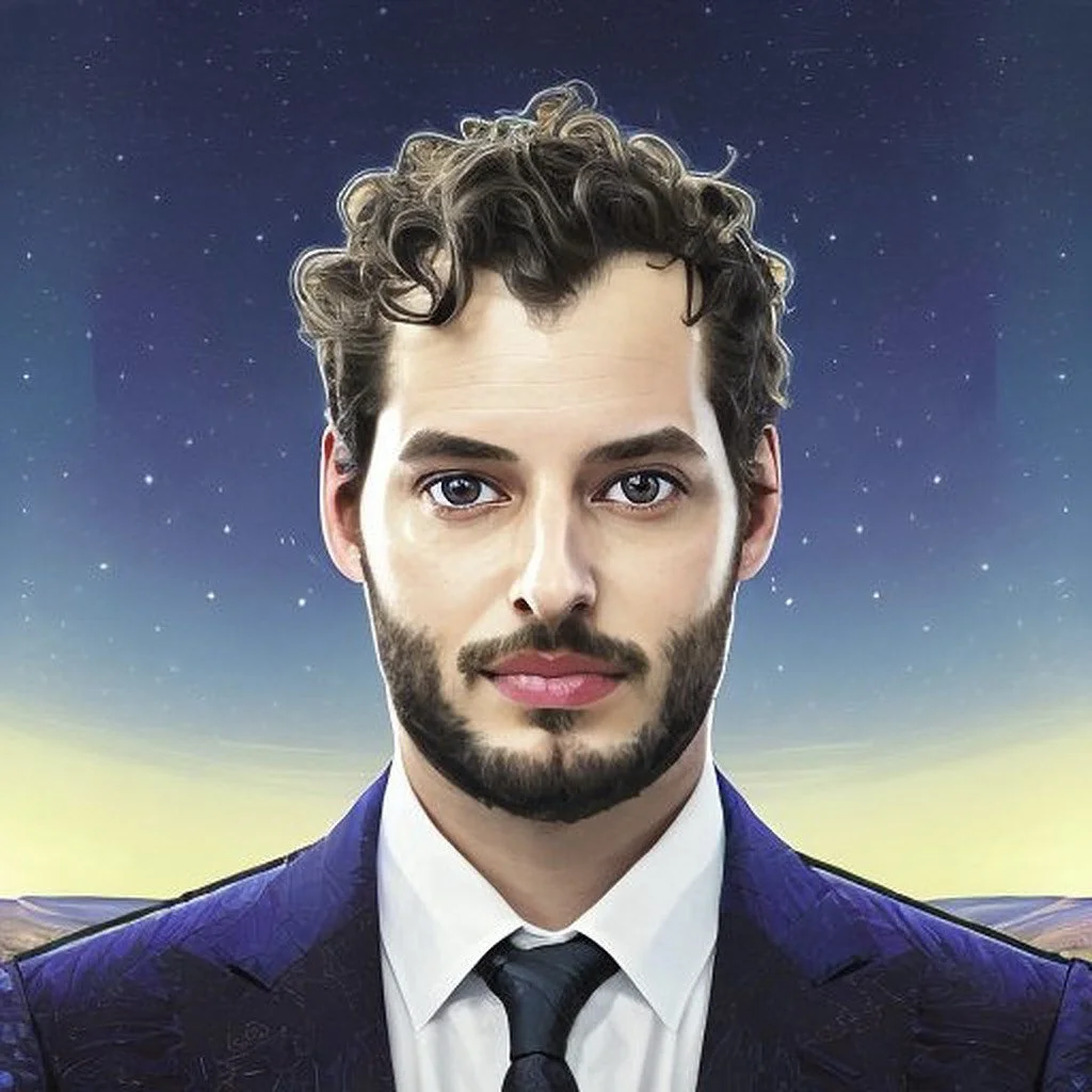 A young man with curly hair and a beard, wearing a dark suit and tie, standing in front of a starry night sky background.