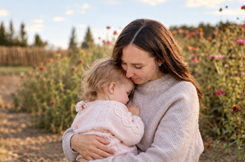 Mother and young daughter share an embrace in a flower garden