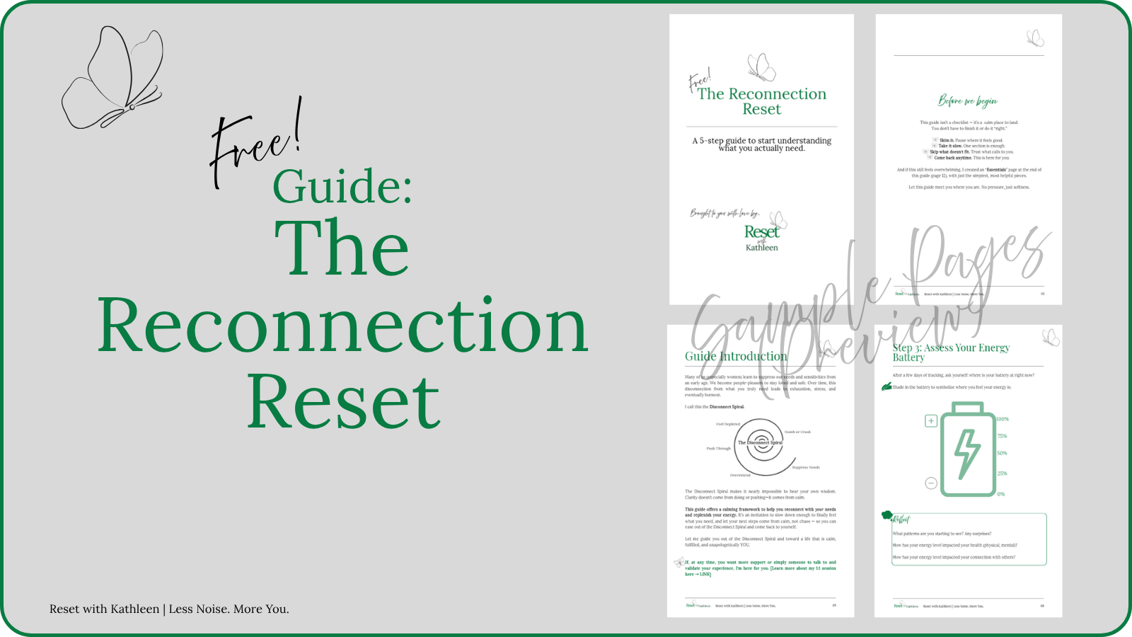 Cover page of a free guide titled 'The Reconnection Reset' with a subtitle describing it as a 5-step guide to understanding what you need. The cover features a butterfly line drawing and the author's name, Kathleen. There are also sample pages visible, including an introduction and steps for assessing energy levels.