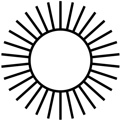 A black and white sunburst graphic with a circle in the center and radiating lines.