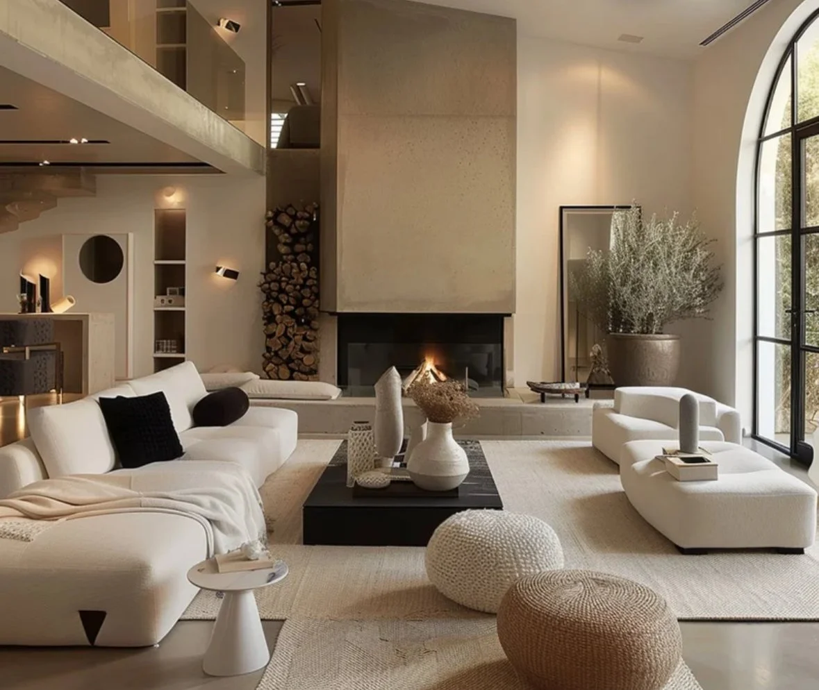 Modern living room with white sofas, a fireplace, large pane glass window, and minimalist decor including vases and paintings.