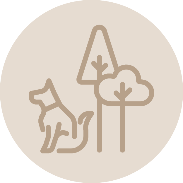Outline drawing of a dog sitting beside two trees and a mountain in the background.