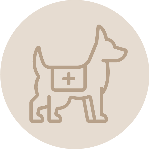 Outline of a service dog with a medical cross on its side, inside a circle.