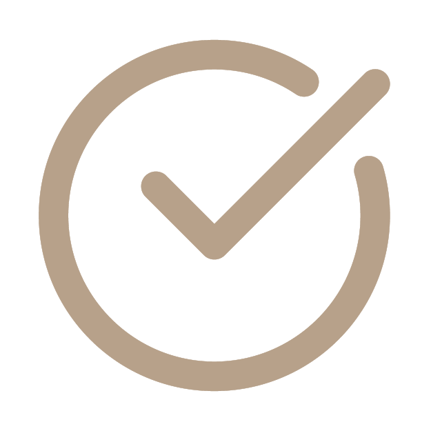 A beige checkmark inside a circle on a black background.