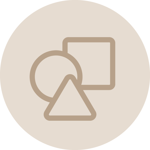 Icon depicting a pie chart, a square, and a triangle, all outlined in beige on a light beige circular background.