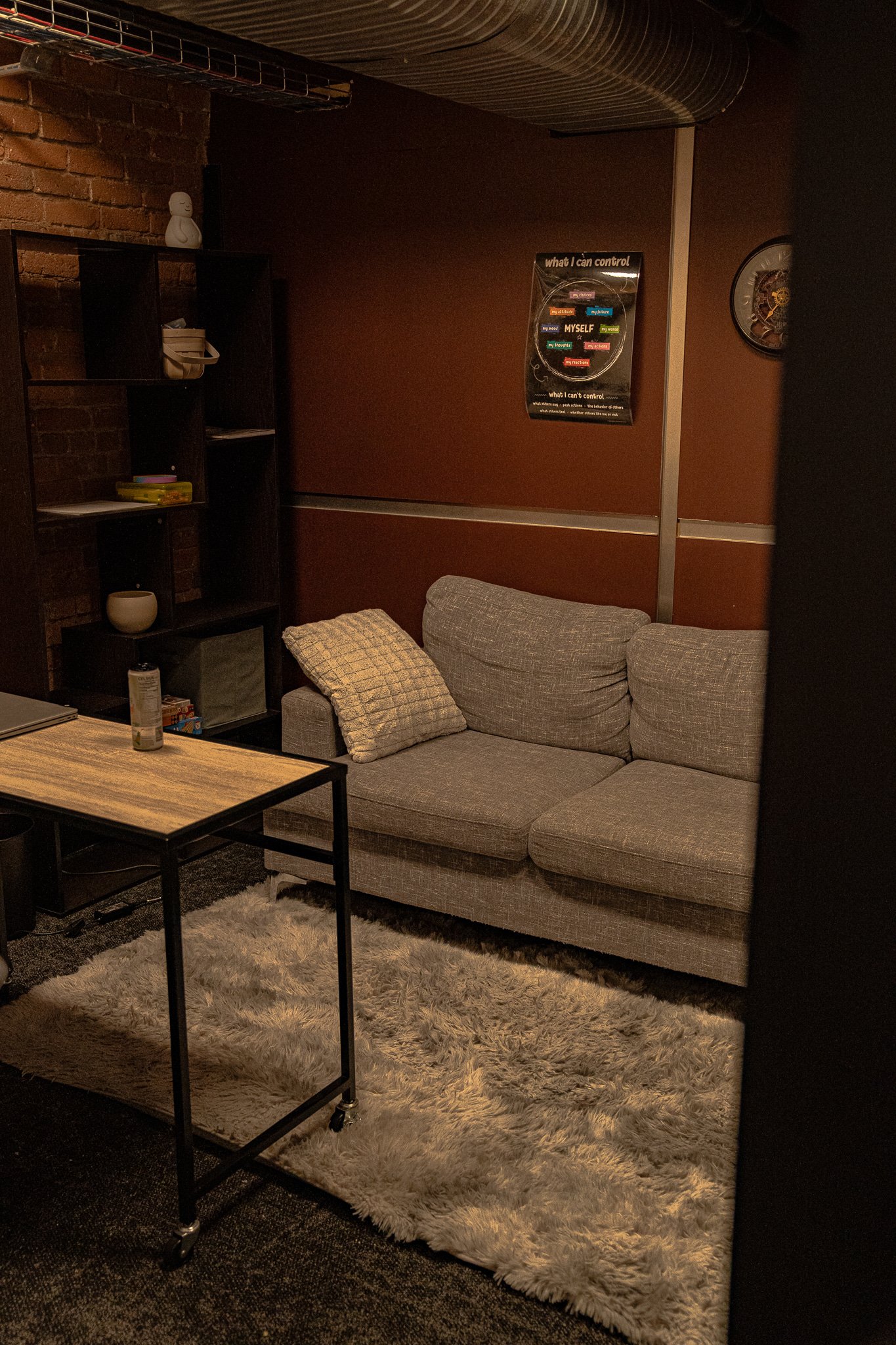 A room with a gray sofa, a small wooden table, a black shelf with various objects, a clock, a wall poster, and a fluffy rug on the floor.