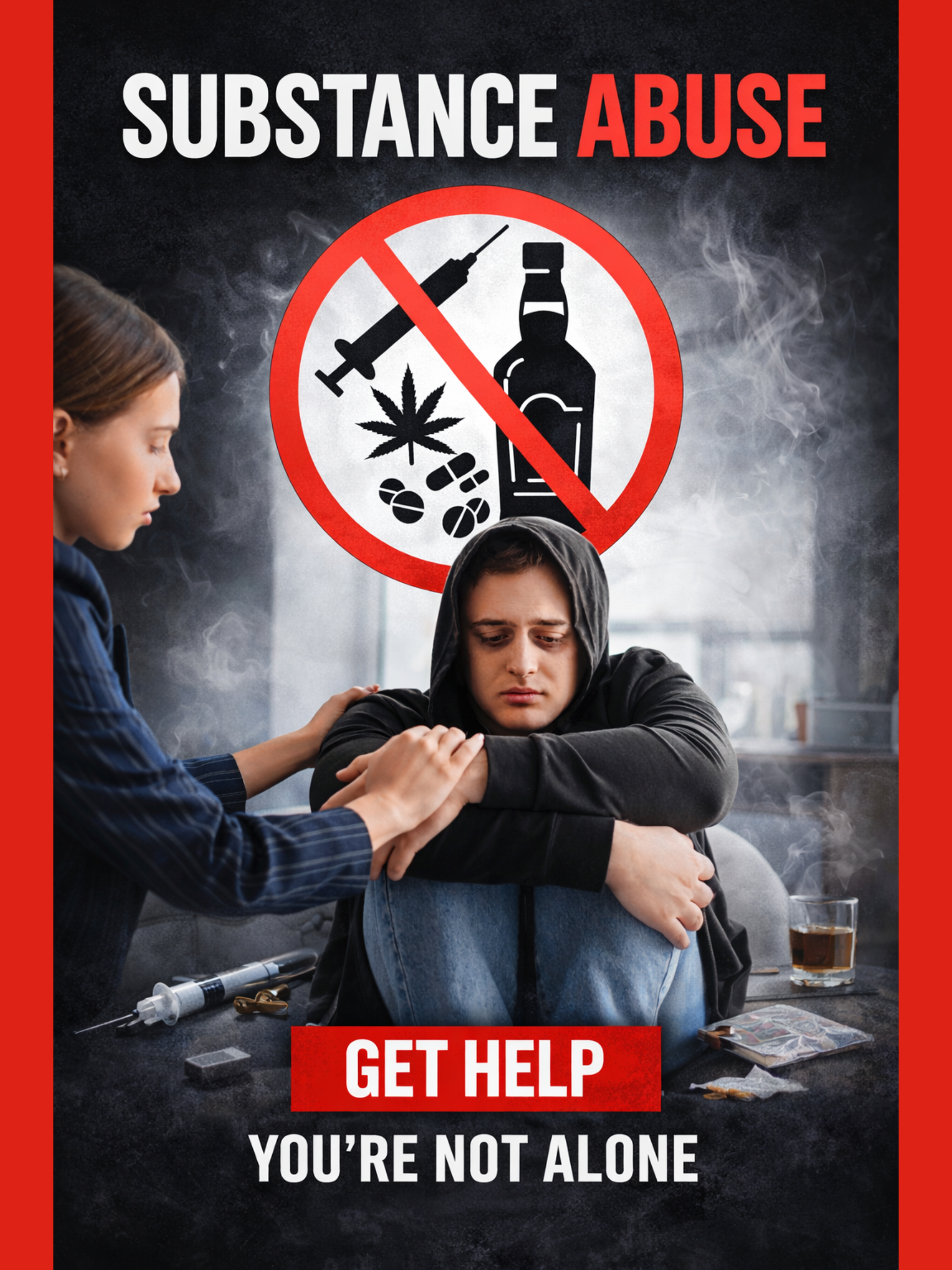 A poster warning against substance abuse. The poster features a no-drugs symbol with a syringe, pills, marijuana leaf, and a bottle. It shows a young man sitting with a distressed expression, while a woman offers support. The text reads 'Substance Abuse', 'Get Help', and 'You're Not Alone'.
