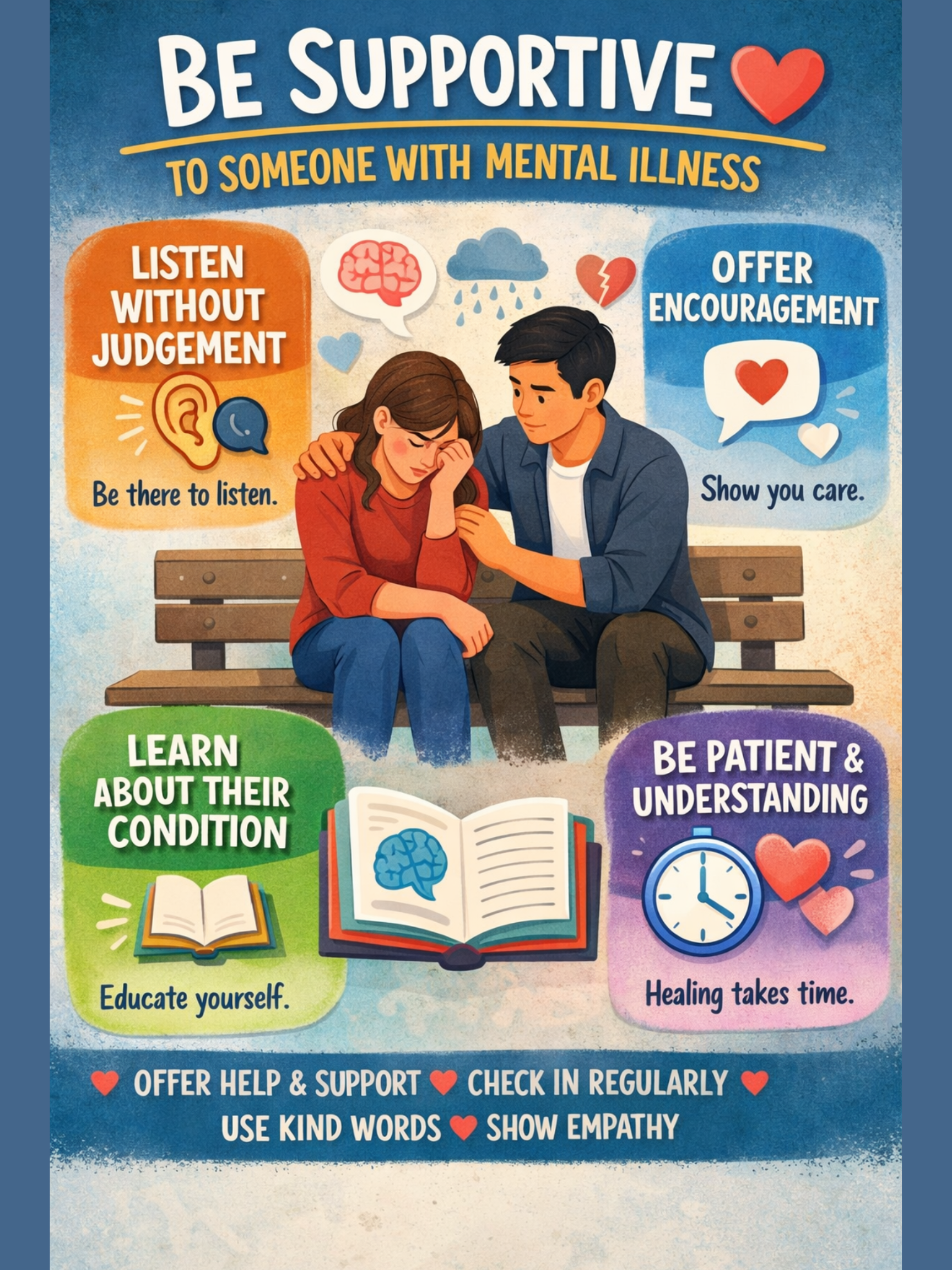 Informational infographic offering tips for supporting someone with mental illness, including listening without judgment, offering encouragement, learning about their condition, and being patient and understanding.