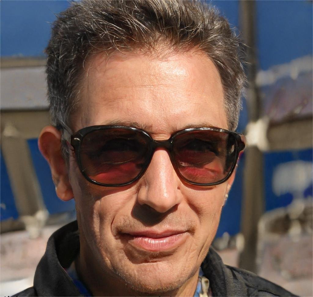 A man with short, graying hair wearing dark sunglasses and a black jacket outdoors on a sunny day.