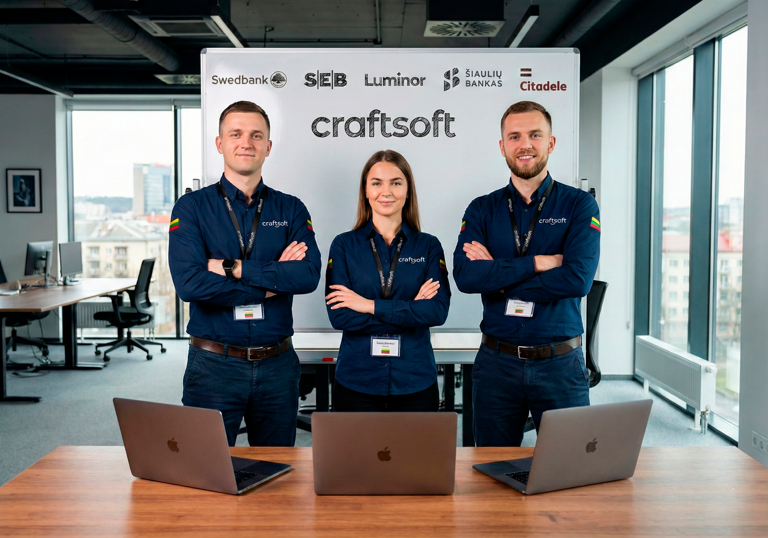 Three team members stand with arms crossed in front of a whiteboard with company logos, in a modern office with large windows. Two men and one woman, all wearing dark blue shirts with company branding, are smiling. The office has laptops on a wooden table and a cityscape view outside.