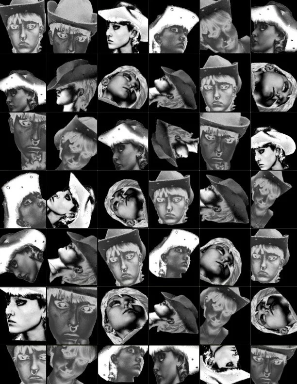 A collage of black-and-white portraits of a woman, with some photographs rotated or flipped. The woman has various hairstyles and expressions, wearing hats in some images.