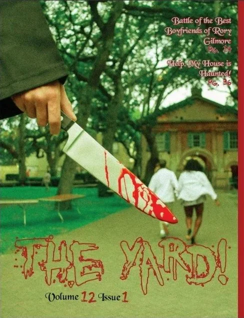 A person holding a bloody knife in front of a school yard with two children walking away. The scene is edited to look threatening with red text that reads 'THE YARD!' and additional smaller text mentioning a fictional story.