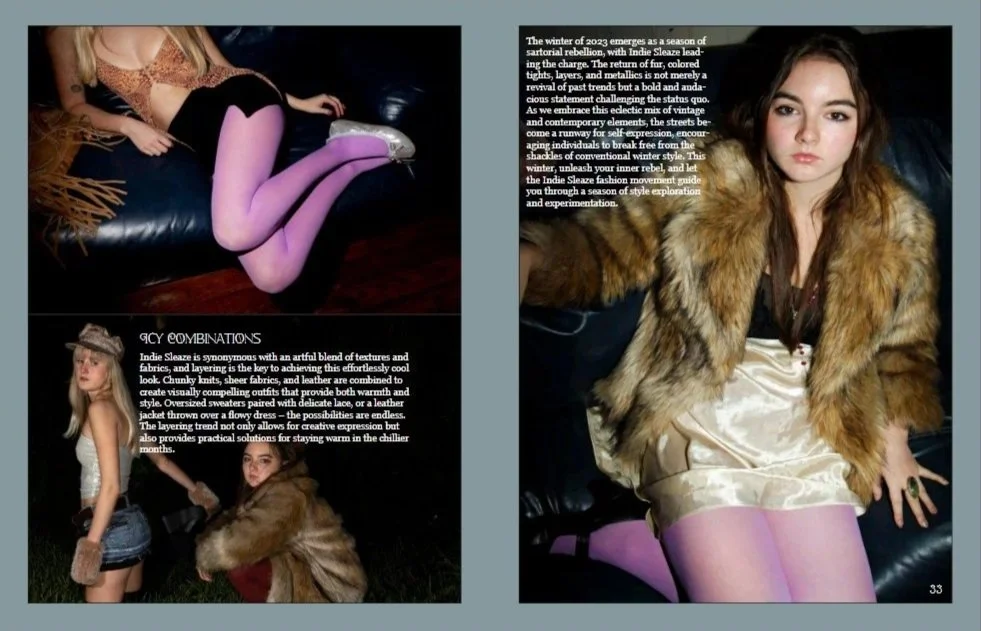 Two pages of a fashion magazine spread featuring young women in fashionable outfits. The left page shows a woman lying on a black leather couch wearing a leopard print top, purple tights, and silver shoes. Below, another woman in a fur coat and denim shorts stands outdoors. The right page features a woman with long brown hair in a fur coat and satin dress sitting on a black leather couch, with text discussing fashion trends for winter 2023.