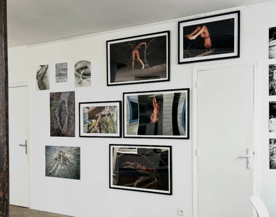 A white gallery wall displays a variety of framed and unframed artwork including photographs of women and nature scenes, with some photographs featuring reflections and upside-down images.