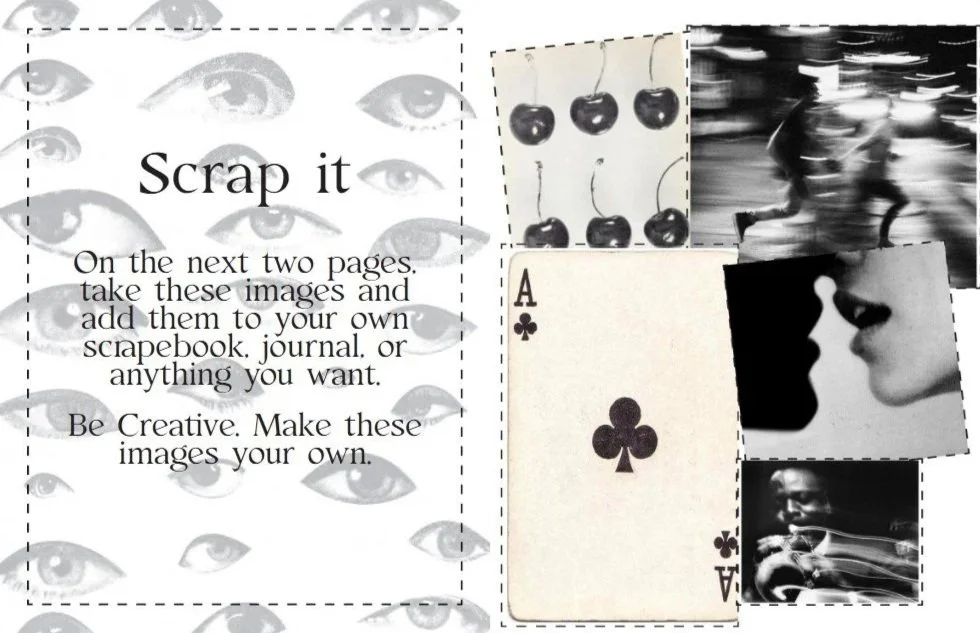 A scrapbook page with a variety of images including cherry illustrations, a black and white photo of skaters, a couple of black and white photos of people close-up, a playing card Ace of Clubs, and a pattern of eyes, with instructional text encouraging creativity and adding personal images to your scrapbook.