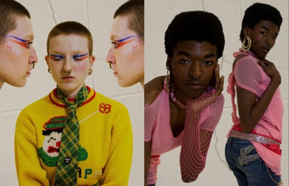 Two young women on the left with bright makeup and short hair, one wearing a yellow sweater with a graphic, the other in a plaid tie, both with colorful face paint and piercings. Two young women on the right with dark skin, short natural hair, wearing pink tops and jewelry, posing with serious expressions.
