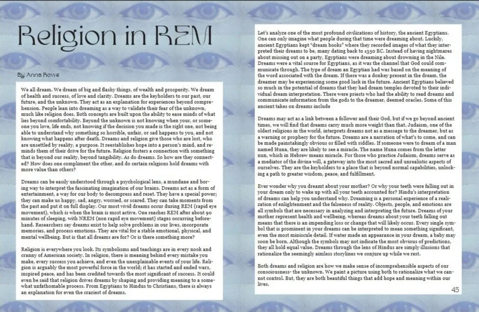 Page from a book titled 'Religion in REM' by Anna Rove discussing Egyptian dreams, ancient beliefs, and interpretations of dreams, with the background featuring an eye pattern.