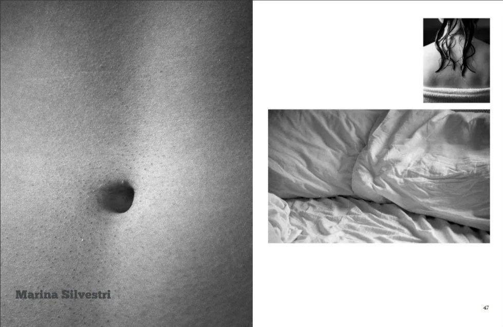 A collage of three black and white photographs: close-up of a belly button, a woman with wet hair showing her back, and rumpled bedsheets.