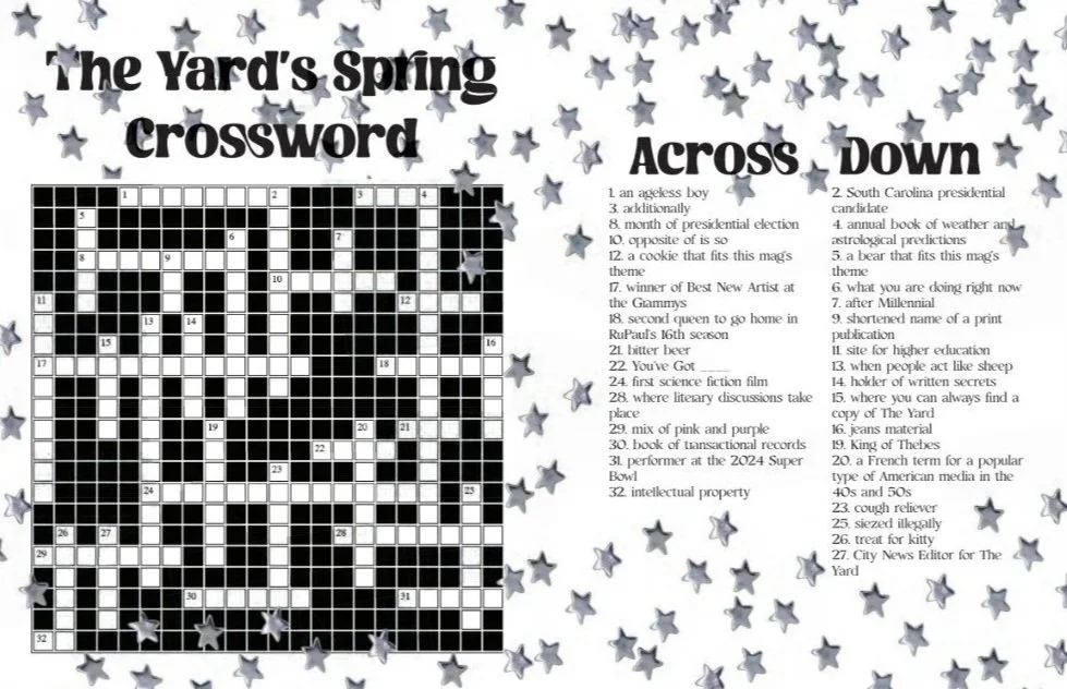 A spring-themed crossword puzzle titled 'The Yard's Spring Crossword' with a background of scattered silver star confetti. The puzzle has across and down clues related to seasonal and cultural topics, along with a list of clues on the right side of the image.