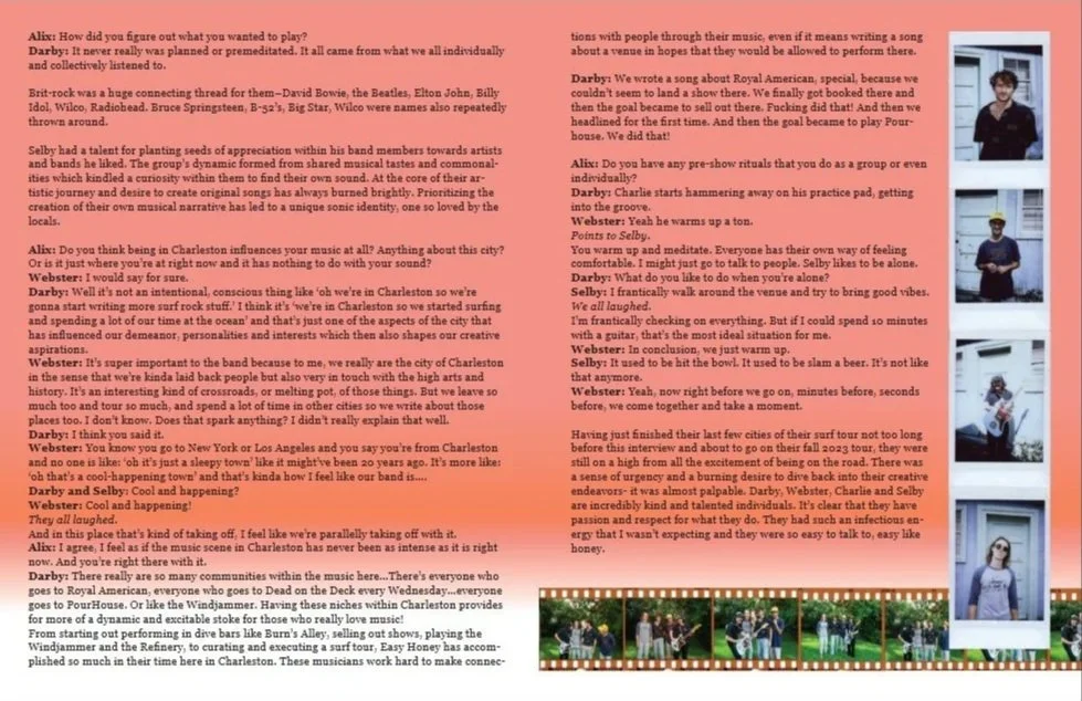 Text excerpt from a conversation about music, performances, and behind-the-scenes experiences, including mentions of famous musicians and bands, and a group photo of musicians performing outdoors.