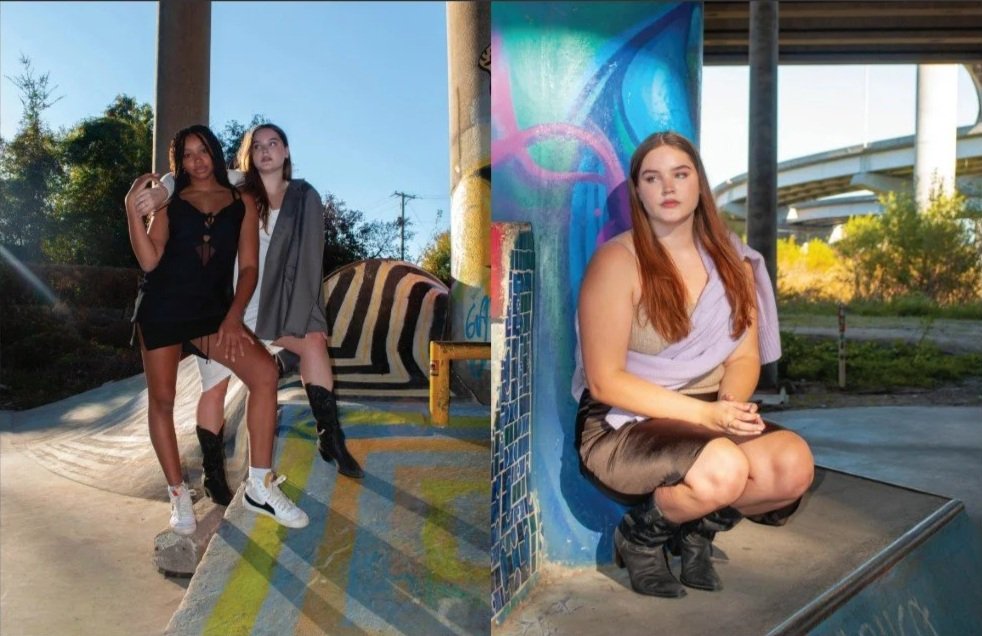 Two women standing on a colorful skate park ramp with trees and a sunset in the background, and one woman sitting in front of a graffiti wall with an urban overpass behind her.