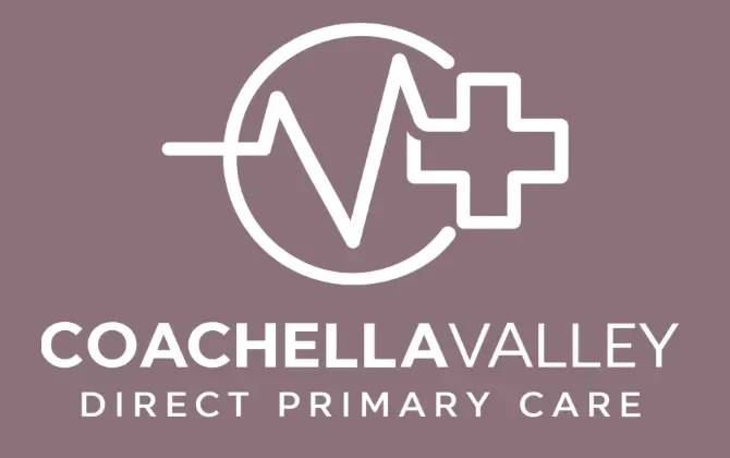 Coachella Valley Direct Primary Care logo with a medical cross and heartbeat icon on a purple background.