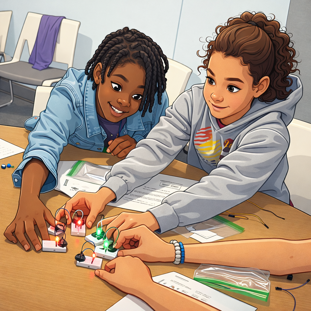 Students collaborate to design and test circuits, building problem-solving skills through hands-on challenges and teamwork.