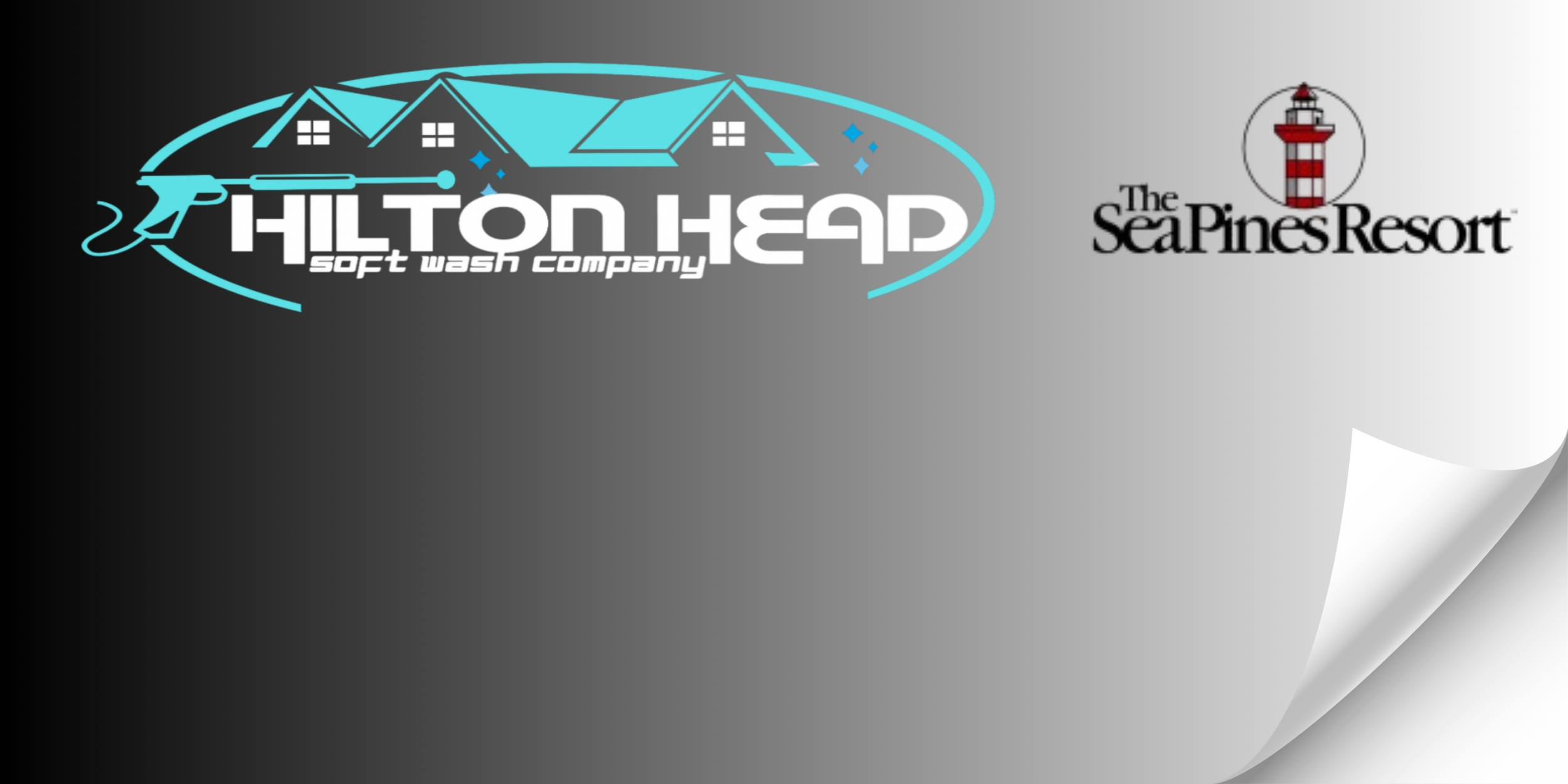 Logos of Hilton Head Soft Wash Company and The Sea Pines Resort on a background that transitions from black to gray with a curled page corner.