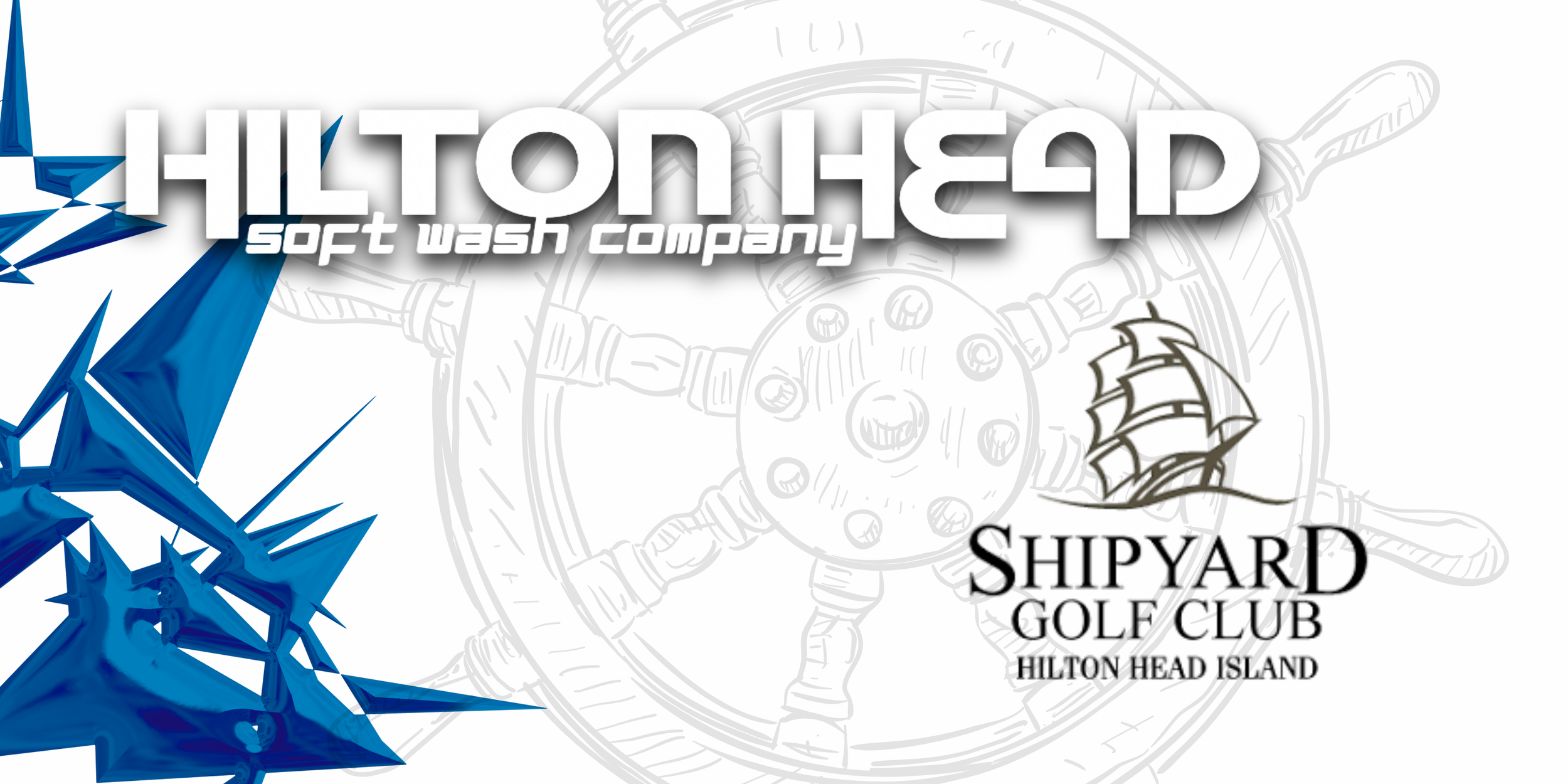 Hilton Head Soft Wash Company logo with a gray ship's wheel in the background, a stylized ship, and blue spiky abstract design elements.