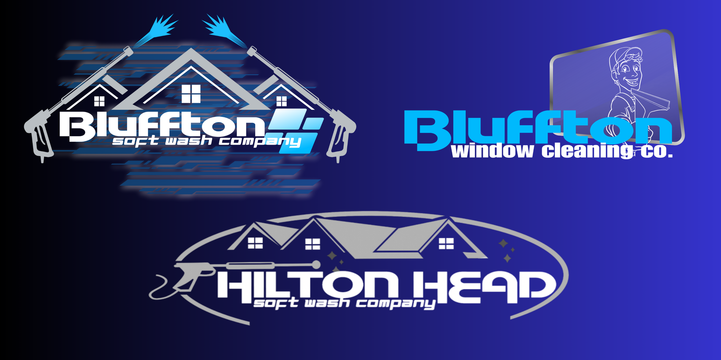 Logos of three cleaning companies: Buffton Soft Wash Company, Buffton Window Cleaning Co., and Hilton Head Soft Wash Company, with graphic elements related to cleaning services.