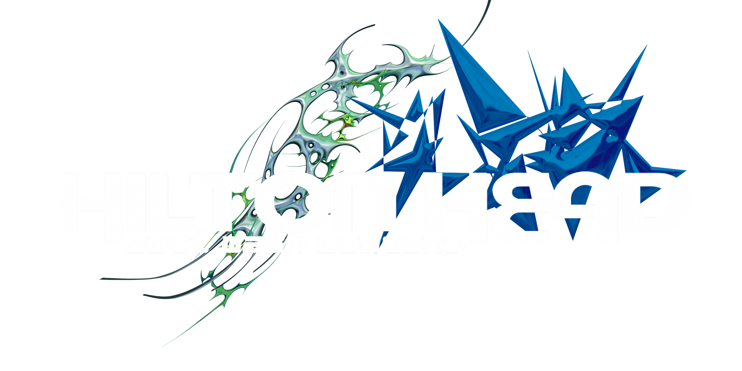 Abstract digital artwork with sharp blue geometric shapes and swirling green-white patterns, featuring stylized text 'HILTON HEAD' and smaller text underneath 'LOFT WAT CO P NG'.