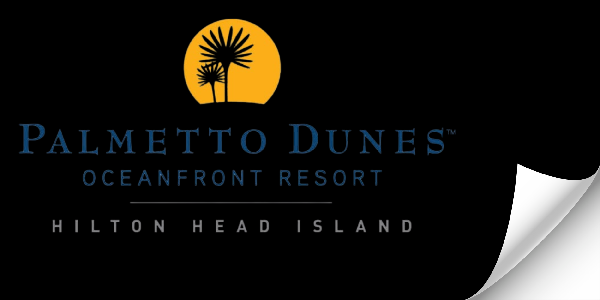 Logo for Palmetto Dunes Oceanfront Resort in Hilton Head Island, featuring a yellow sun with black palm trees and blue text.