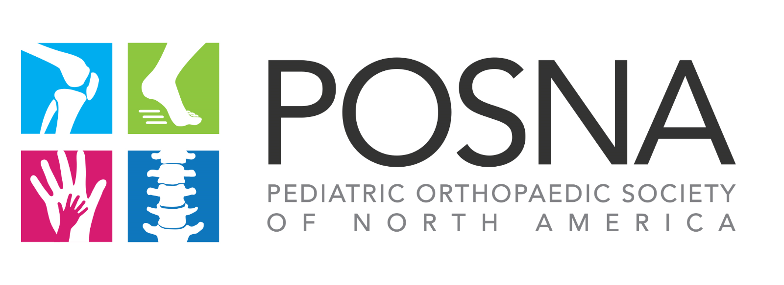 Logo of the Pediatric Orthopaedic Society of North America (POSNA) featuring icons of a knee, foot, hand, and spine, with the society's name.