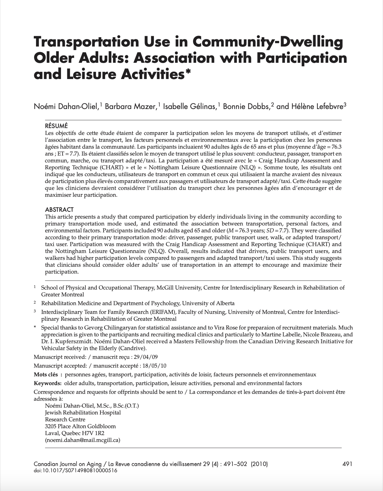 Academic research paper titled 'Transportation Use in Community-Dwelling Older Adults: Association with Participation and Leisure Activities,' including authors, abstract in French and English, keywords, and publication details.
