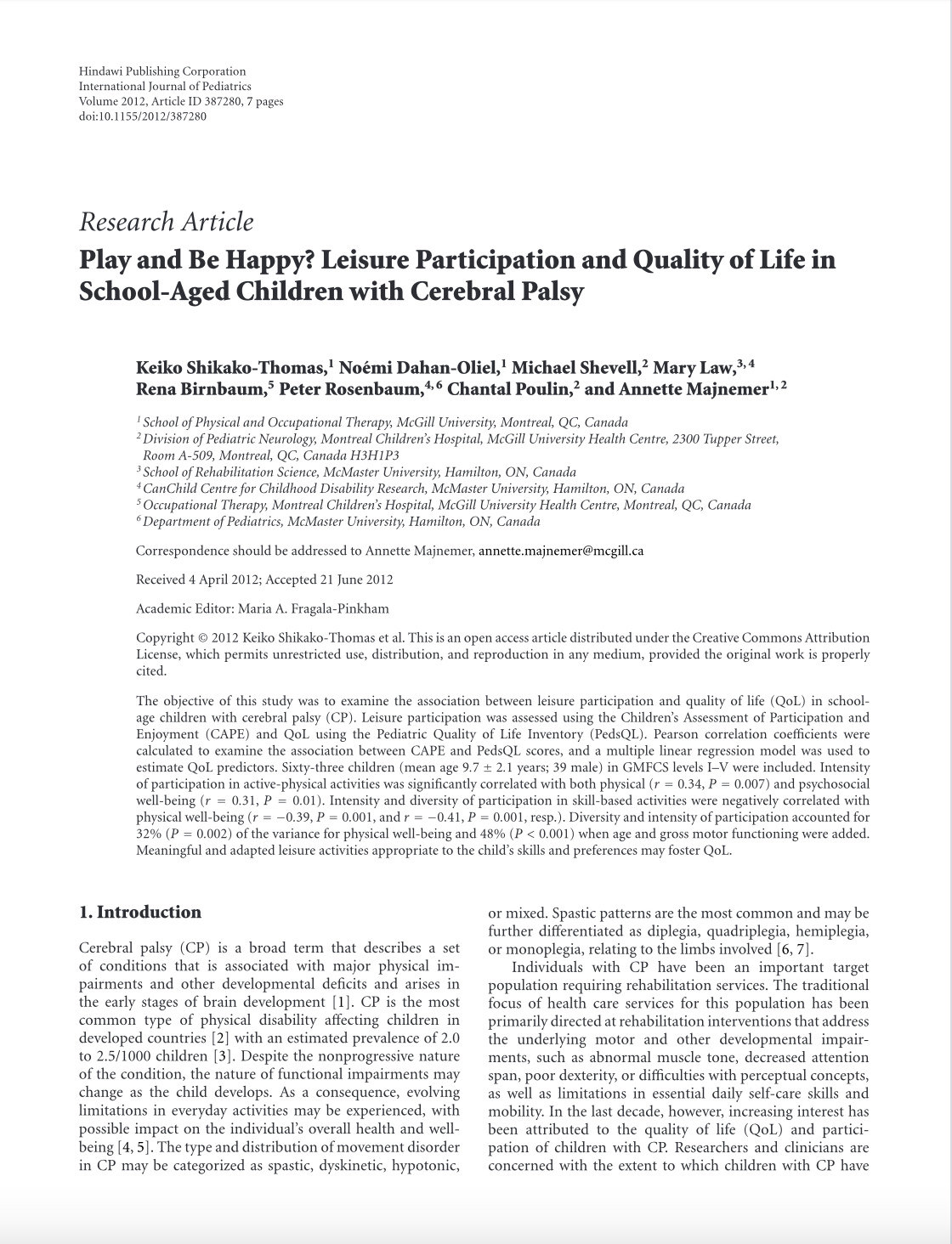 Research article page with title, authors, and abstract about leisure participation and quality of life in children with cerebral palsy.