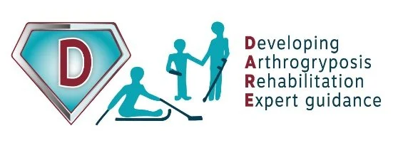 Logo with a large shield featuring a letter D, accompanied by illustrations of people in physical therapy activities and text reading "Developing Arthrogryposis Rehabilitation Expert guidance."