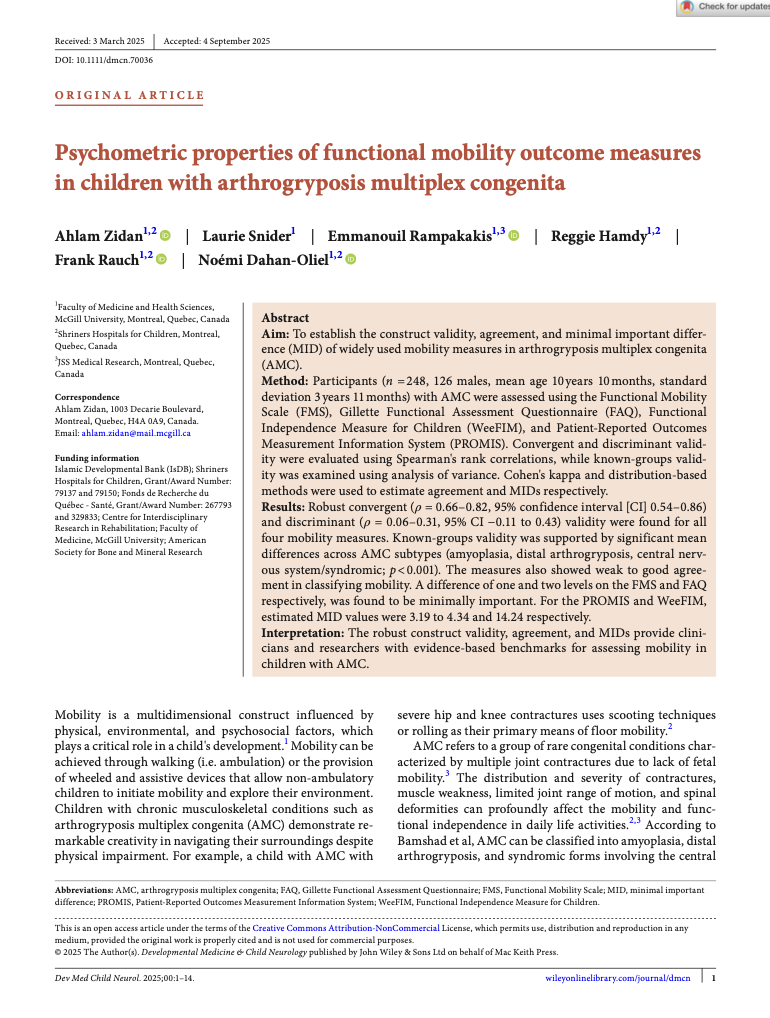 Close-up of an academic journal page discussing a research article on the psychometric properties of functional mobility outcome measures in children with arthrogryposis multiplex congenita. The page includes the article title, authors, abstract, and references.