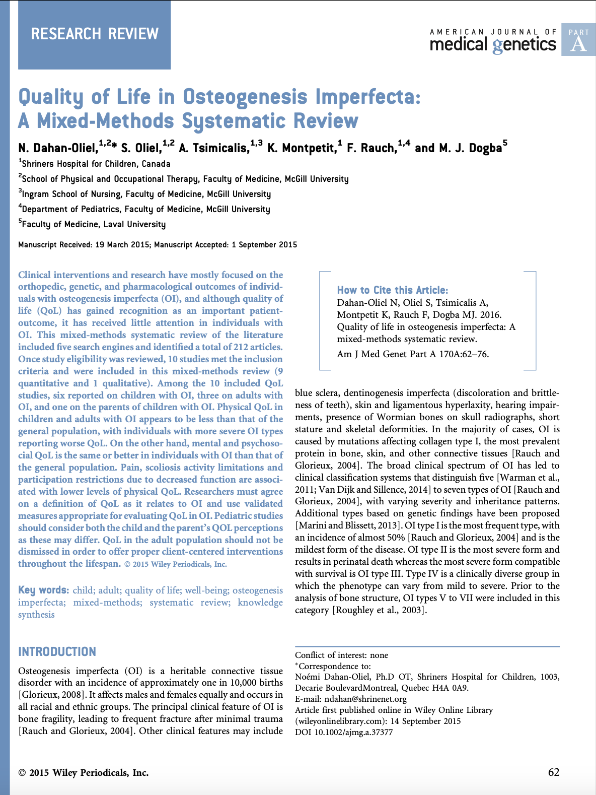 Research review article titled 'Quality of Life in Osteogenesis Imperfecta: A Mixed-Methods Systematic Review' from the American Journal of Medical Genetics, Part A. It includes author information, abstract, keywords, and publication details.