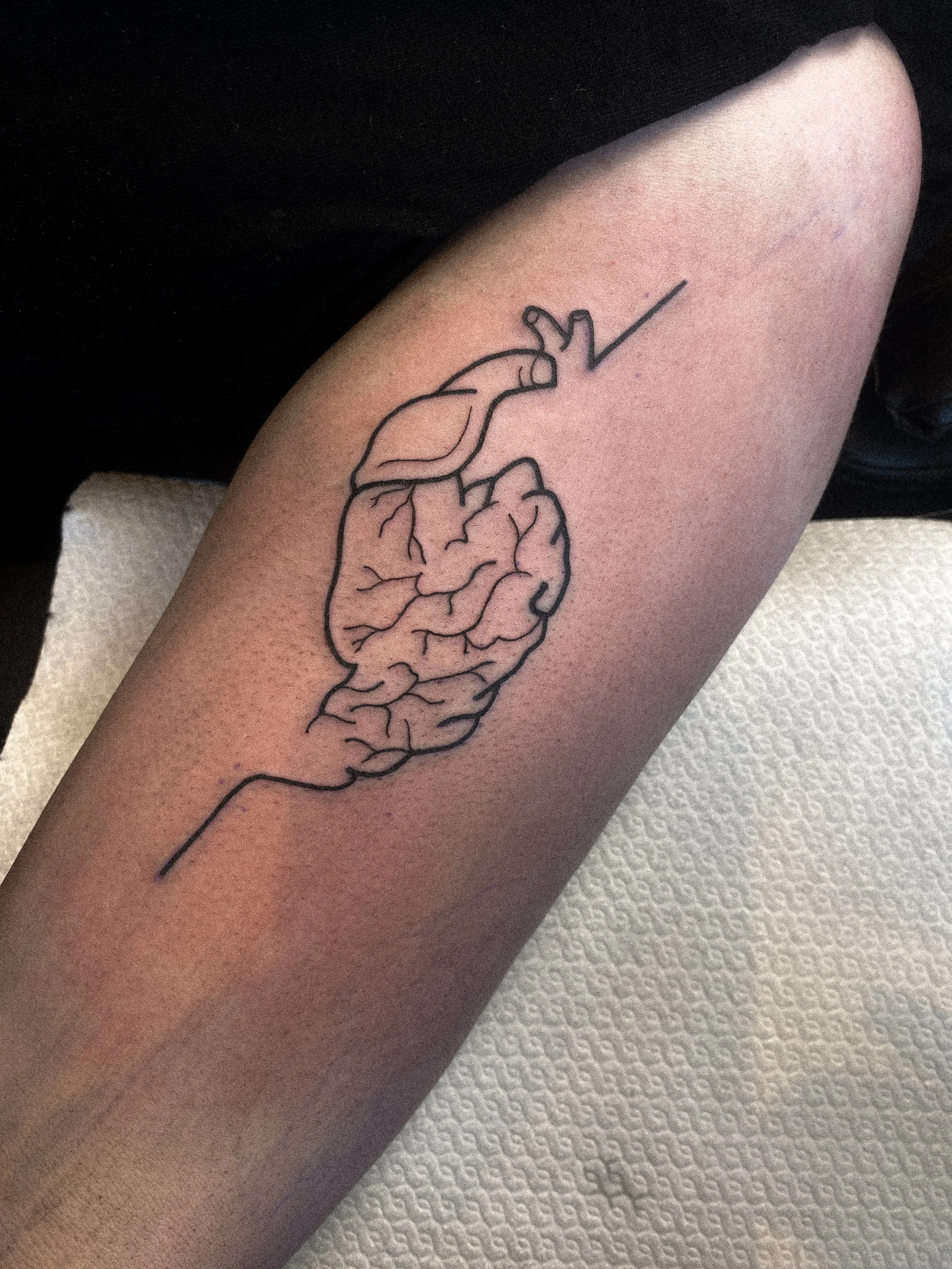Tattoo of a human brain with a simplified outline of a heart above it on a person's arm.