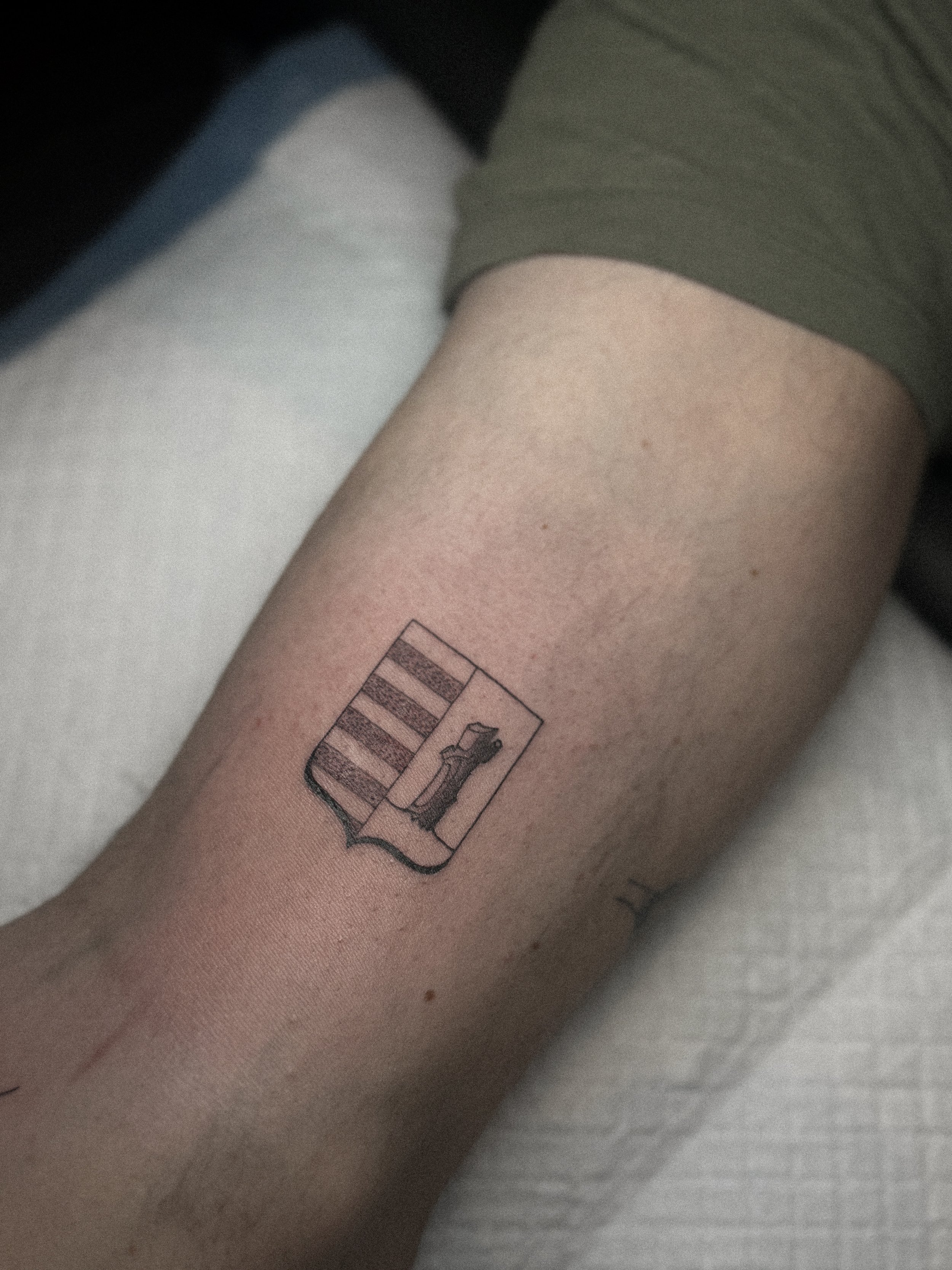 Tattoo of a shield with a black cross and striped background on a person's arm.