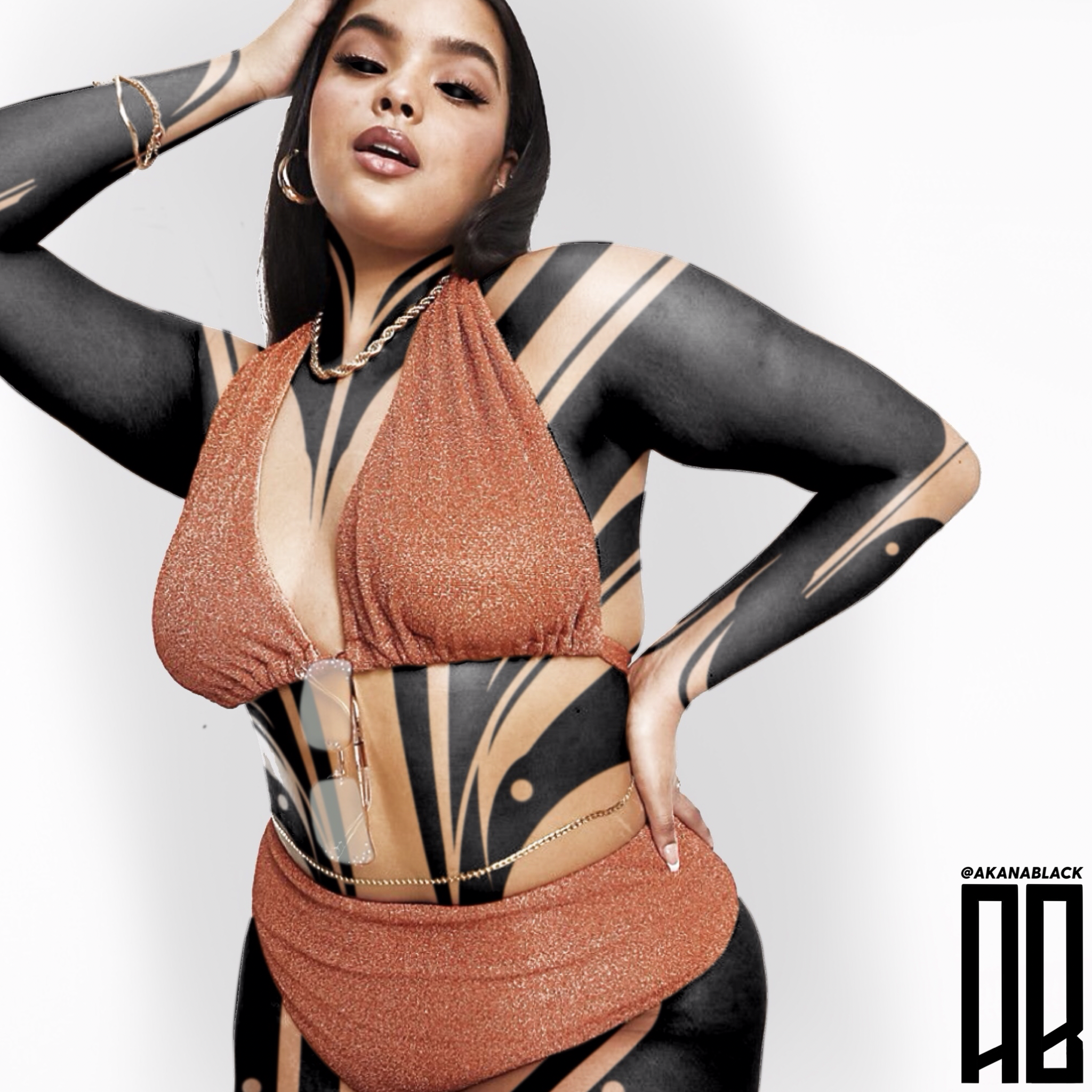 Woman with bodypaint, wearing orange glitter top and skirt, posing with hand on hip against a white background.