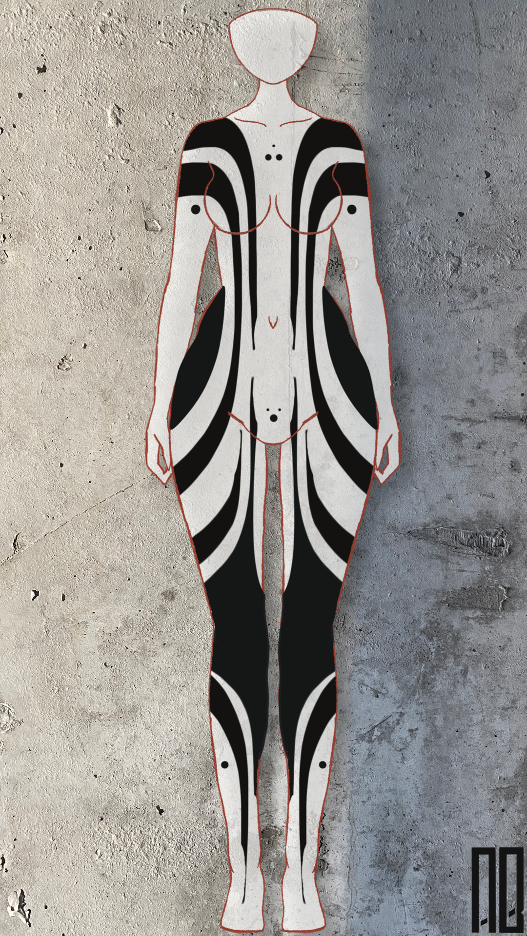 An abstract art piece of a human female figure with black and white patterns on the body, crossed out by a red outline, on a textured gray wall.