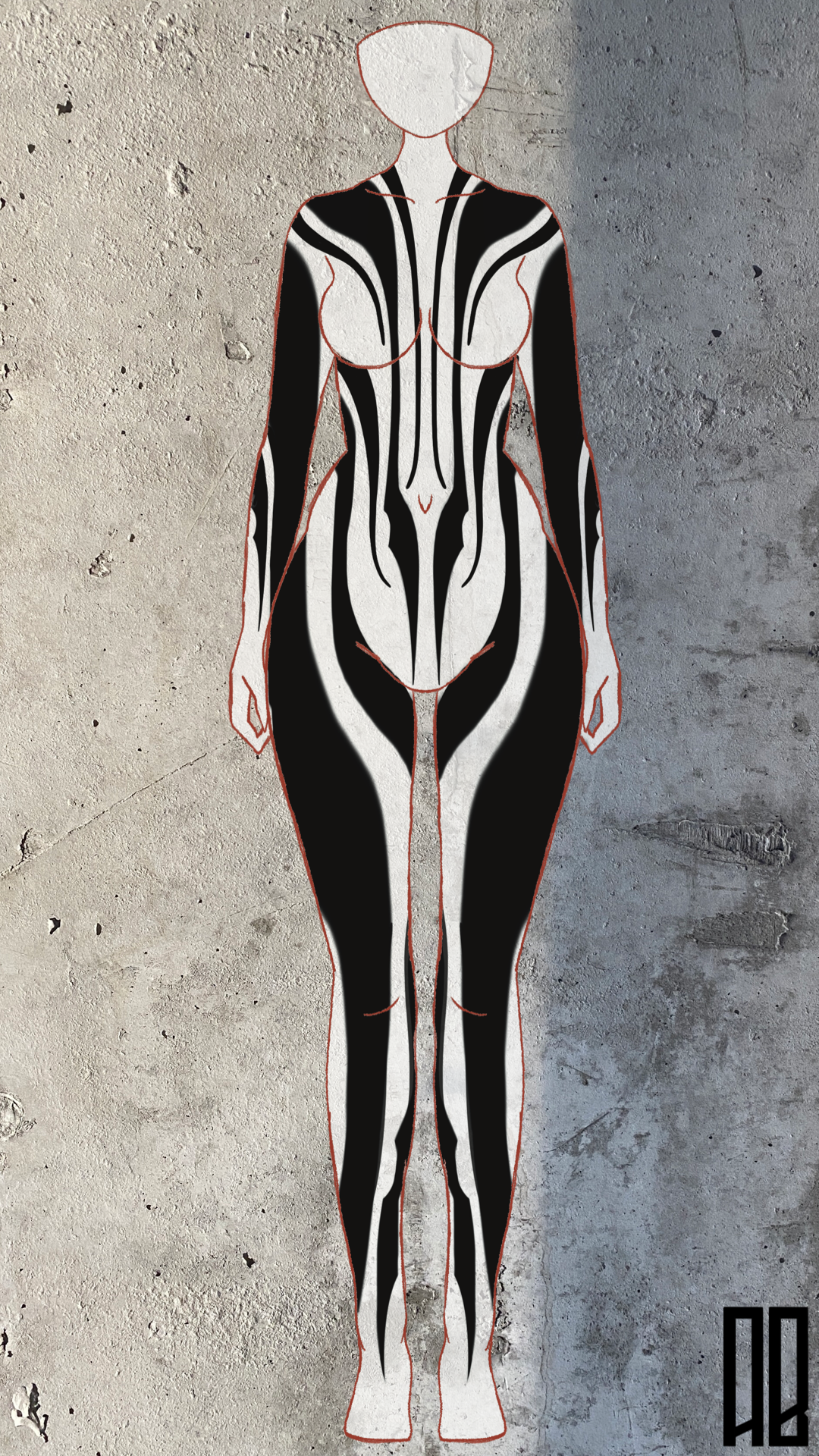 Illustration of a female figure with black and white body paint patterns, outlined in red, standing against a textured concrete wall.