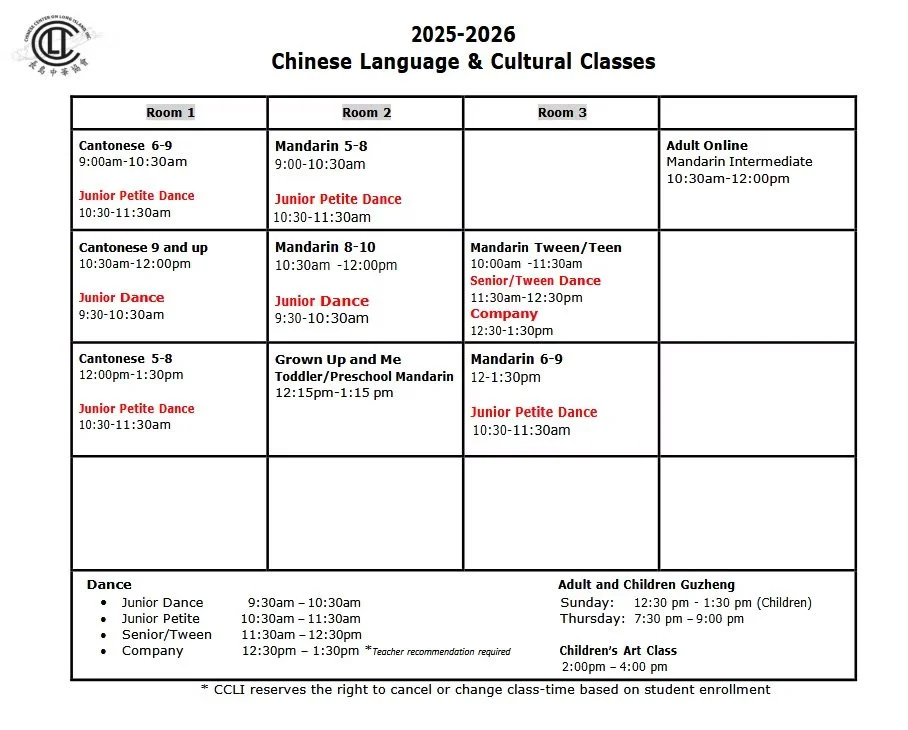 Schedule for 2025-2026 Chinese Language & Cultural Classes with classes in three rooms, including times and age groups for Cantonese, Mandarin, and dance classes, and online adult classes.