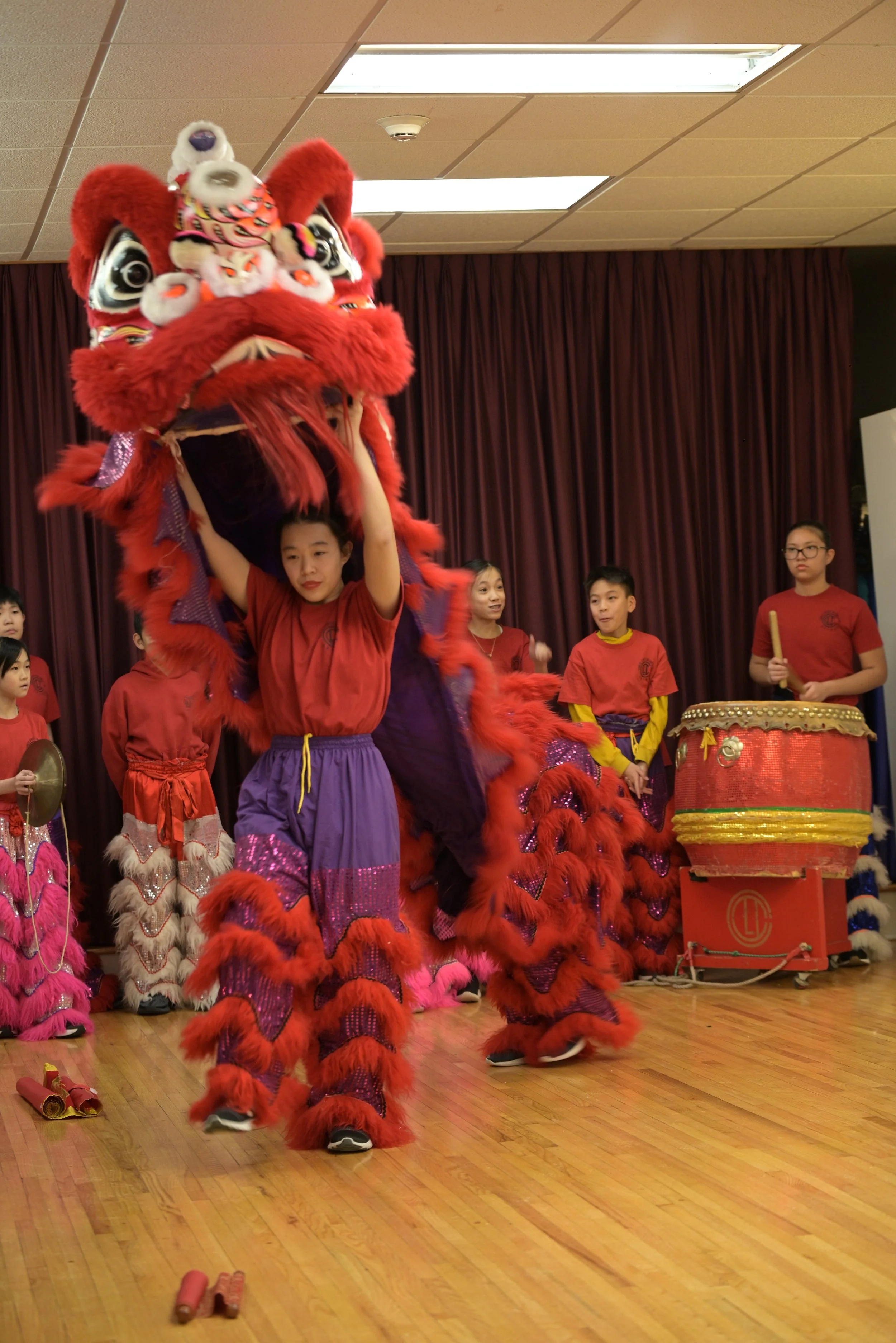 Children participating in a lion dance performance, with one girl holding the lion costume's head and others playing drums and cymbals in a school gym or auditorium.